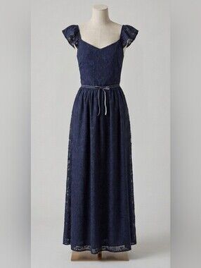 Lace Cap-Sleeve Navy Maxi Dress with Waist Tie